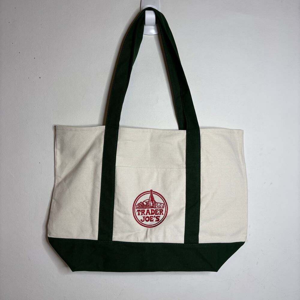 Lot 2x Trader Joe’s Canvas Tote Bag Green Red Grocery Shopping Eco Reusable NWT! - Picture 2 of 7